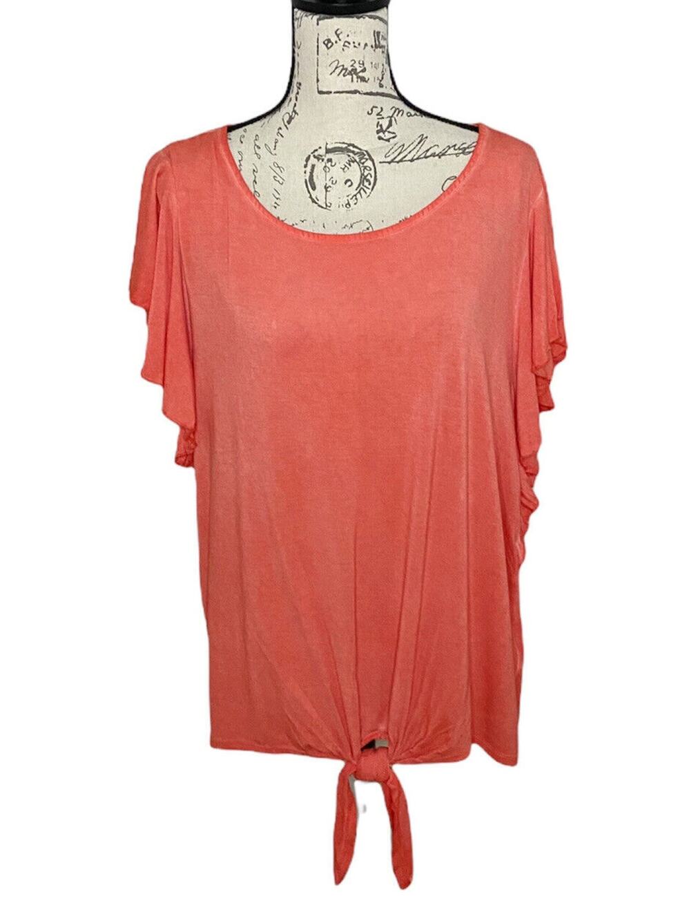 *NEW* Seven 7 Flutter Short Sleeve Tie Front T-Shirt Top Coral Orange Size XL